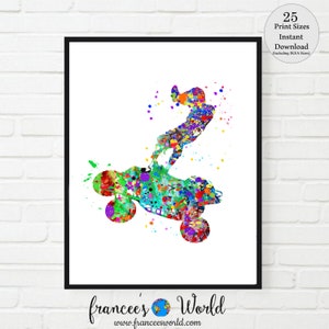 May include: A colorful watercolor painting of a person performing a stunt on an ATV. The person is in mid-air, with the ATV flipped upside down. The painting is done in a variety of bright colors, including red, orange, yellow, green, blue, and purple.