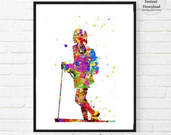 Watercolor Hiker Print | Colorful Woman Backpacker Art (Digital Download)