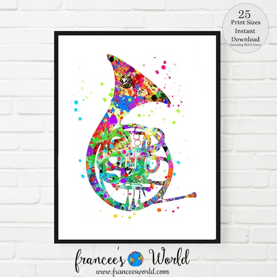 French horn print, musical instrument, french horn printable, music wall decor, music room decor, wall art, music decor, Instant Download Il_570xn