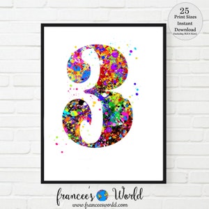 Number three PRINT, Number 3 art, number art, kid&#39;s room art, PRINTABLE Watercolor, colorful number, Jpeg, t-shirt transfer, child&#39;s room