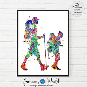 Hikers print man and child hiker watercolor man hiker woman hiker backpack hiking PRINTABLE hiker gift backpacker gift Dorm art room decor