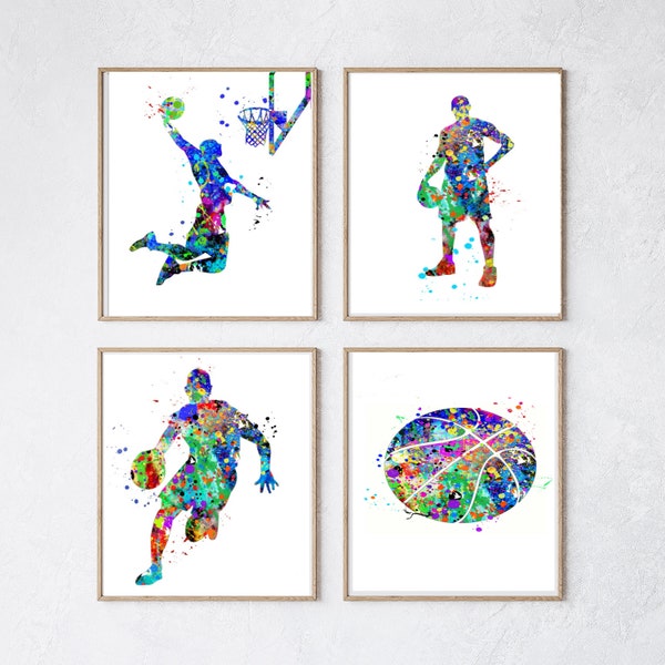 Basketball Art, Boy Basketball Poster, Set of 4 Basketball Watercolor, Basketball Wall Art, Printable, Basket ball party, basketball poster