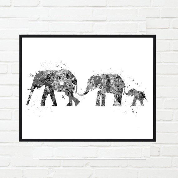 Familia de elefantes, blanco y negro, acuarela imprimible, 3 elefantes,  arte de vivero, vivero de Safari, ilustración de arte animal digital  imprimible -  España