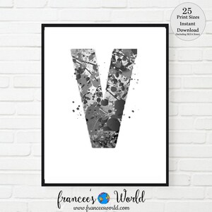 Decoración de dormitorio con la letra V, impresión con la letra V, arte con la letra V, IMPRIMIBLE, guardería con la letra V en blanco y negro, monograma con la letra V, letra V, arte inicial