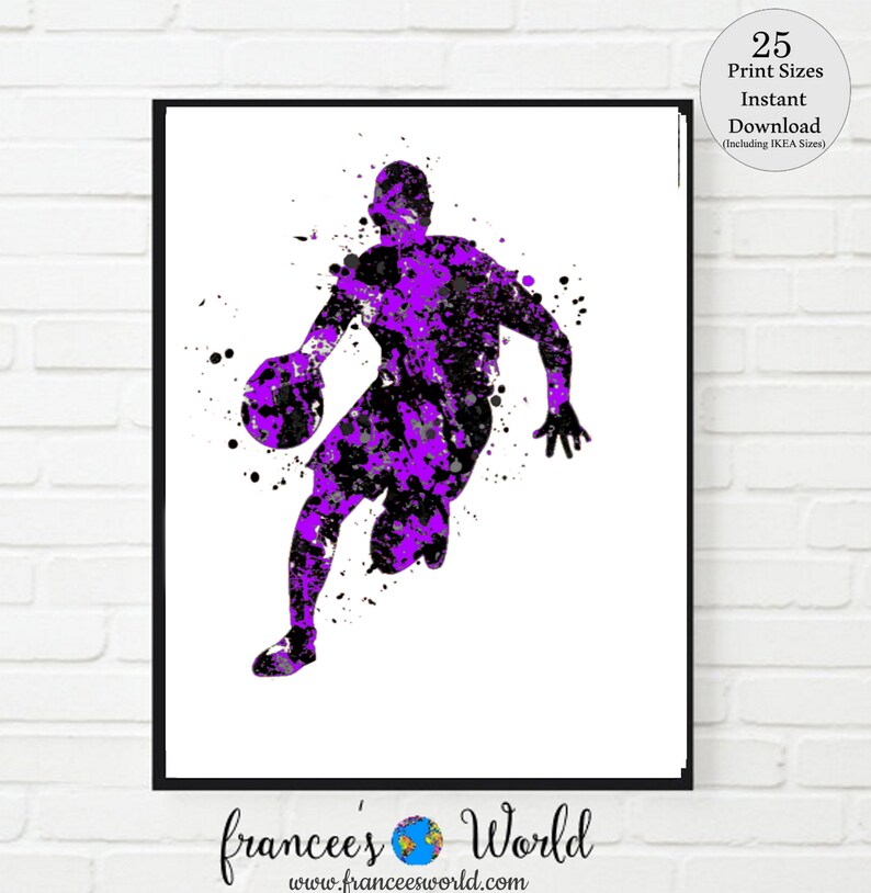 May include: Purple and black watercolor silhouette of a basketball player dribbling the ball. The player is in mid-air, with their legs bent and their arms extended. The background is white.