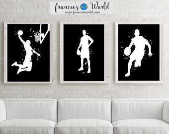 Basketball Watercolor Art Print Set: Black & White Dorm Decor (Digital Download) Monochrome decor