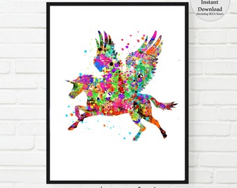 Pegasus Print, flying horse print, PRINTABLE, fantasy horse, horse wings, Fairy horse, Pegasus Art, Fantasy horse, Colorful horse, wings