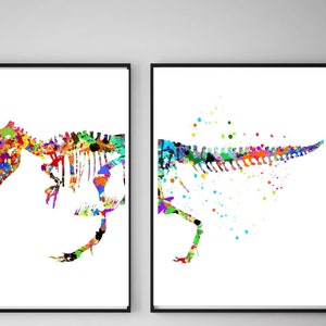 May include: Two colorful watercolor paintings of dinosaur skeletons. The first painting shows a dinosaur skeleton in a walking pose. The second painting shows a dinosaur skeleton in a running pose.