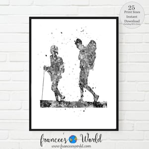Impresión de excursionistas, excursionista masculino y femenino, blanco y negro, acuarela, hombre excursionista, mujer excursionista, mochila de senderismo, regalo de excursionista IMPRIMIBLE, regalo de mochilero