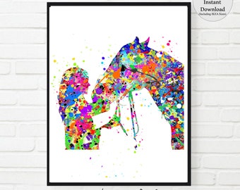 May include: A colourful watercolour painting of a person and a horse. The person is holding a brush and is touching the horse's nose. The background is white with colourful splatters of paint.