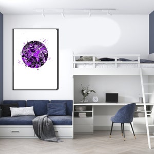 May include: A white loft bed with a desk and chair underneath. A purple and black basketball graphic is on the wall above the couch.