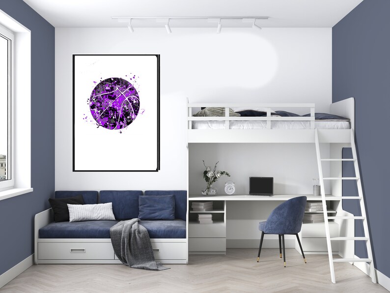 May include: A white loft bed with a desk and chair underneath. A purple and black basketball graphic is on the wall above the couch.