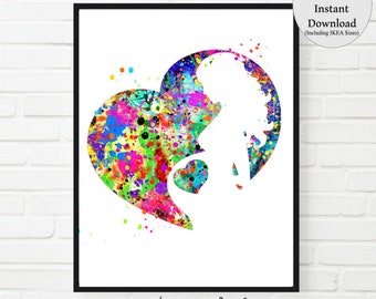 Op de afbeelding: Een kleurrijk aquarel schilderij van een zwangere vrouwensilhouet in een hartvorm. Het hart is gevuld met spatten van roze, blauwe, groene, gele en paarse verf. Het silhouet van de vrouw is wit en het hart is zwart omlijnd. De tekst "frances' World" staat onderaan de afbeelding.
