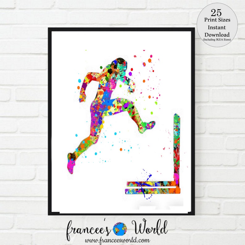 May include: A colorful watercolor illustration of a person jumping over a hurdle. The person is depicted in a dynamic pose, with splashes of vibrant colors creating a sense of motion and energy. The hurdle is also painted in a similar style, with a bright and abstract design.