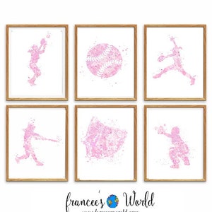 Softball PRINTS, Pink softball, Set of 6, PRINTABLE girl baseball, softball posters, softball gift, Art, Softball Art, Softball Wall Decor