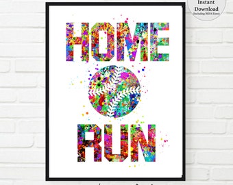Home Run print, baseball printable, sport art, baseball decor, baseball gift, boys room art, watercolor, girls room , softball poster