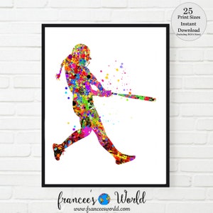 Softball Girl Print, Printable, Girl softball poster, Softball Watercolor, Softball player with ponytail , Softball room decor, softball art