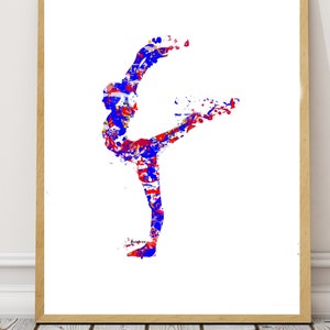 Op de afbeelding: Een kleurrijk abstract schilderij van een danser in een splitsing. De danser is gemaakt van rode, blauwe en gele verfspatten.