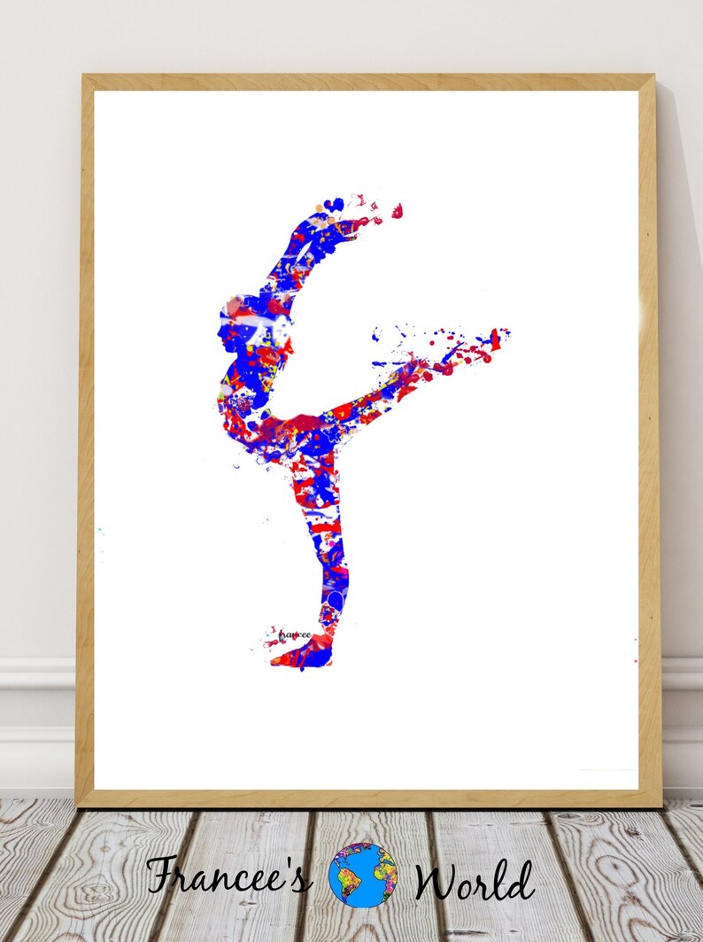 Op de afbeelding: Een kleurrijk abstract schilderij van een danser in een splitsing. De danser is gemaakt van rode, blauwe en gele verfspatten.