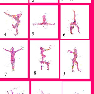 以下が含まれることがあります： 体操選手が様々な体操器具で異なるポーズをとっている、水彩画のイラスト12点セット。イラストはピンク、パープル、ブルーの色合いで描かれています。