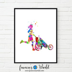 May include: A watercolor painting of a person pushing a colorful wheelbarrow. The person is running and the wheelbarrow is filled with colorful paint splatters.