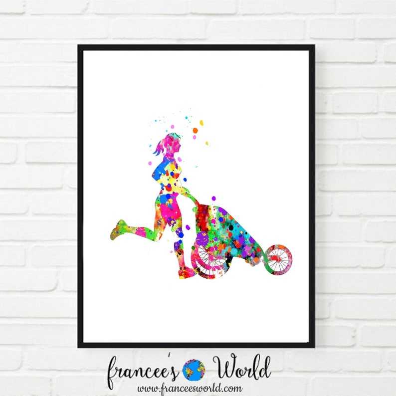 May include: A watercolor painting of a person pushing a colorful wheelbarrow. The person is running and the wheelbarrow is filled with colorful paint splatters.