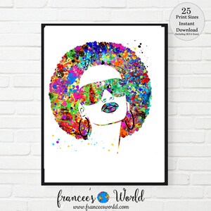 May include: A colorful watercolor illustration of a woman with an afro hairstyle wearing sunglasses. The background is white with colorful paint splatters.