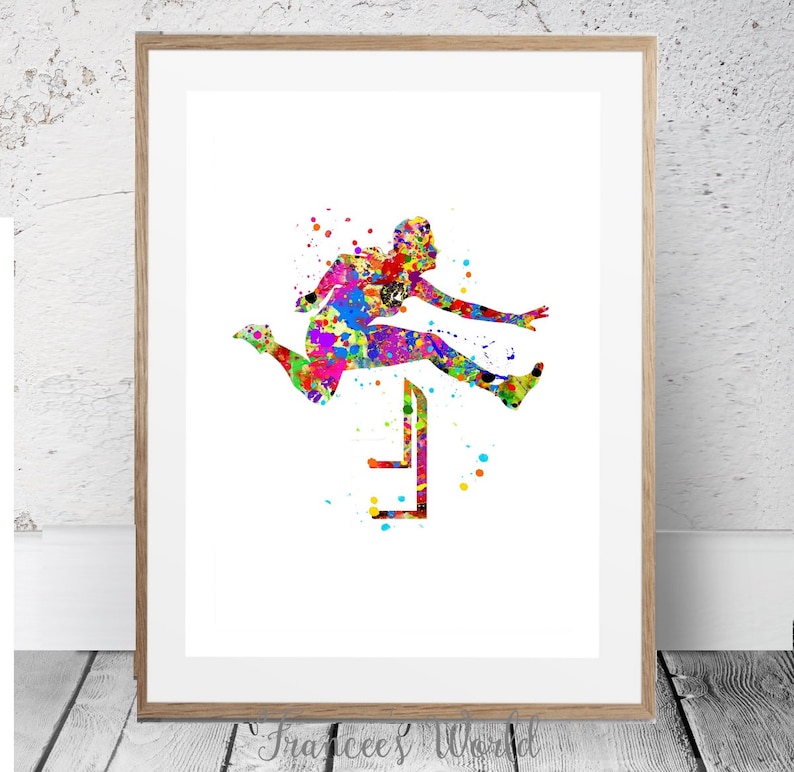 May include: A watercolor painting of a person jumping over a hurdle. The painting is done in a variety of bright colors, including red, orange, yellow, green, blue, purple, and pink.