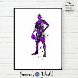 May include: Purple and black watercolor silhouette of a basketball player holding a basketball. The silhouette is surrounded by splatters of purple and black paint.