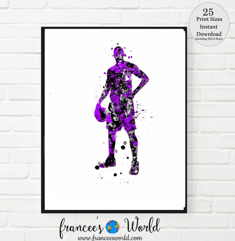 May include: Purple and black watercolor silhouette of a basketball player holding a basketball. The silhouette is surrounded by splatters of purple and black paint.