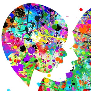 K&ouml;nnte beinhalten: Abstrakter Kunstdruck mit zwei Silhouetten von Gesichtern im Profil, vor einem bunten Hintergrund aus Farbspritzern in den Farben Blau, Gr&uuml;n, Gelb, Rosa, Rot, Orange, Lila und Schwarz.