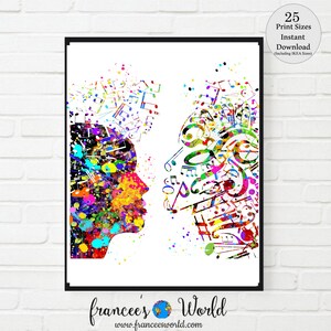 May include: A framed art print depicting two profiles facing each other, composed of vibrant paint splatters and musical notes. The artwork includes the text "25 Print Sizes Instant Download". The bottom of the print displays the text "francees's World".