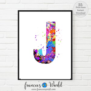 Decoración de dormitorio con la letra J, impresión con la letra J, póster con la letra J, IMPRIMIBLE, acuarela con la letra J, guardería con la letra J, monograma con la letra J, letra J, inicial J