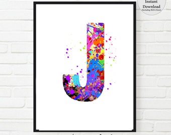 Letter J Watercolor Print: Colorful Monogram Wall Art (Digital Download)