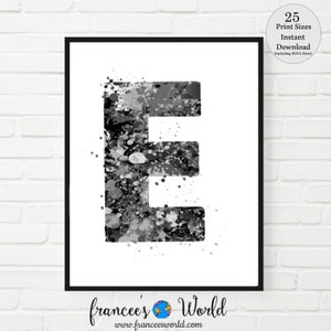 Letter E Dorm Art, Black and White, Letter Art, Letter E Print, PRINTABLE, Letter E Watercolor, Letter E Nursery, E Monogram, E Initial,