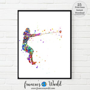 Op de afbeelding: Een kleurrijke aquarel-illustratie van een persoon die een hamer gooit. De illustratie is op een witte achtergrond met een zwarte lijst.