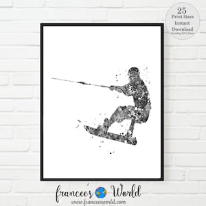 May include: A black and white watercolour painting of a person wakeboarding. The person is in mid-air, holding onto a rope, and the wakeboard is in the water. The painting is on a white background.