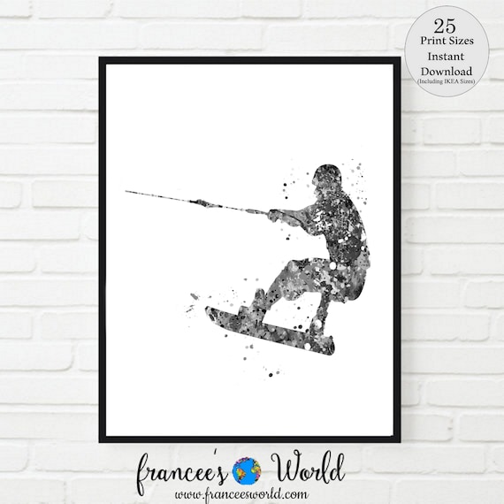 Wakeboard Print, Black and White Wakeboard watercolor, wakeboard Poster