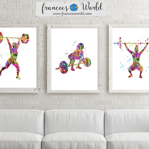 Levantamento de peso Impressão halterofilista aquarela conjunto de 3 halterofilista feminino levantador de peso levantador de peso mulher levantadora de peso esportes menina levantadora de peso presente