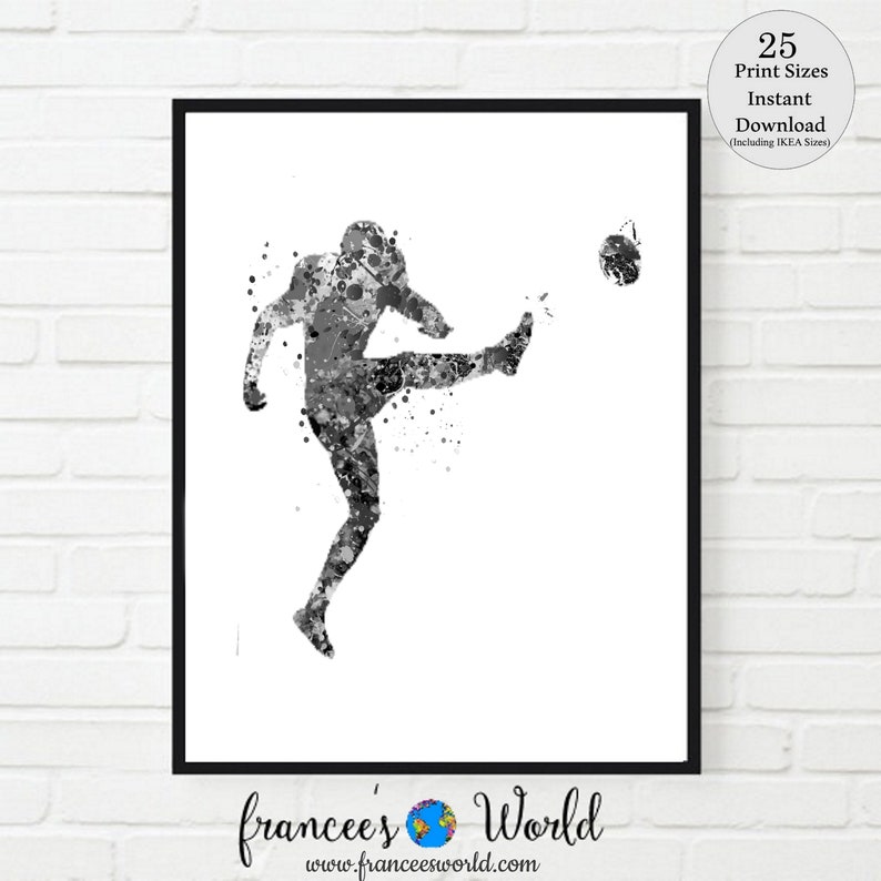 May include: Black and white watercolor painting of a soccer player kicking a ball. The player is in mid-air with their leg extended and their foot about to make contact with the ball. The painting is done in a splatter style, with the paint creating a sense of movement and energy.