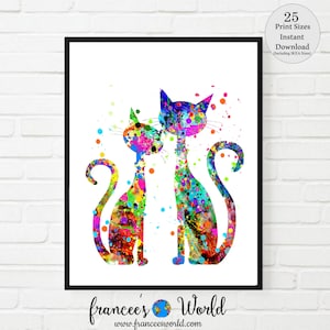 Cat Print, Two cats Print, Cat Printable, Cat lover art, Cat Poster, Cat Poster, Dorm art, Cat watercolor, Cats, Animal art, cat lover gift