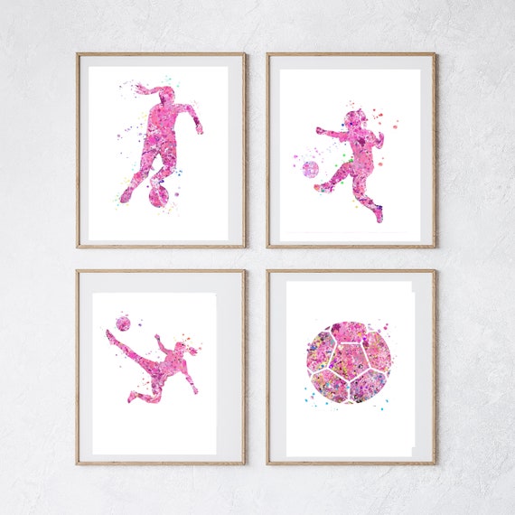 Soccer Prints Pink Soccer girl art, set of 4 Prints Soccer Wall Art ...