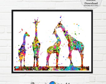 Giraffe family print, 4 giraffes, PRINTABLE, giraffe herd, Giraffe nursery, Baby Shower, Family room, group of giraffes, colorful giraffe