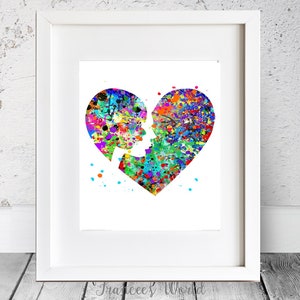 K&ouml;nnte beinhalten: Ein farbenfrohes Aquarellbild von zwei Gesichtern, die eine Herzform bilden. Das Bild ist im Spritzstil mit leuchtenden Farben wie Rosa, Blau, Gr&uuml;n, Gelb und Lila gehalten.