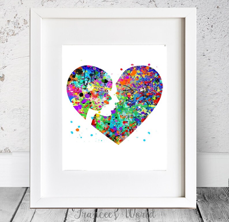 K&ouml;nnte beinhalten: Ein farbenfrohes Aquarellbild von zwei Gesichtern, die eine Herzform bilden. Das Bild ist im Spritzstil mit leuchtenden Farben wie Rosa, Blau, Gr&uuml;n, Gelb und Lila gehalten.