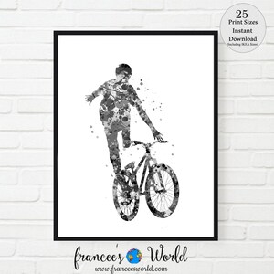 May include: Black and white watercolor painting of a person performing a stunt on a bicycle. The person is in mid-air, with the bicycle underneath them. The painting is done in a splatter style, with the colors blending together.
