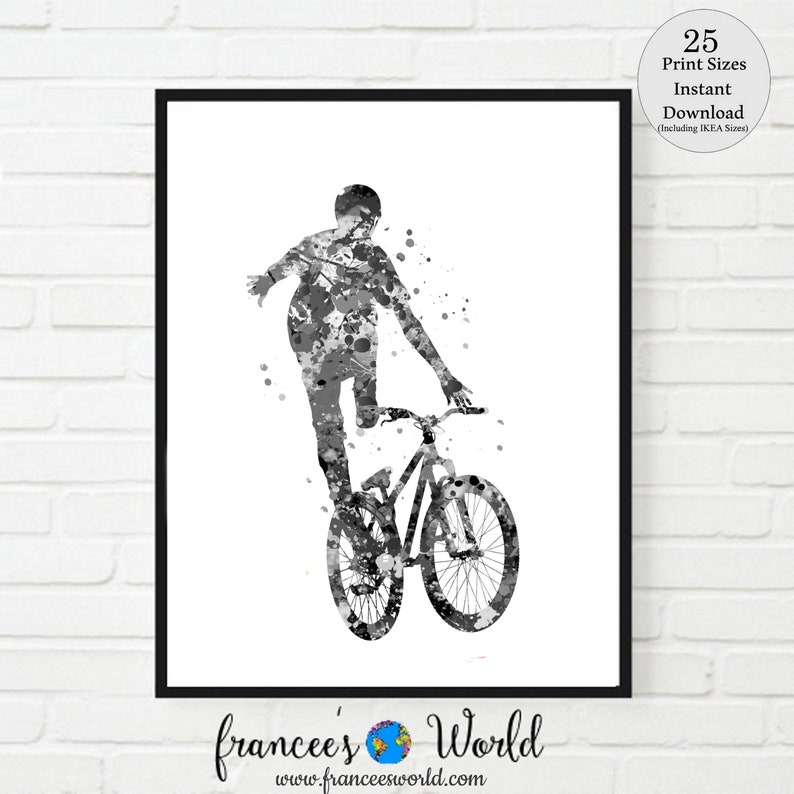 May include: Black and white watercolor painting of a person performing a stunt on a bicycle. The person is in mid-air, with the bicycle underneath them. The painting is done in a splatter style, with the colors blending together.