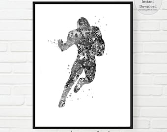 May include: Black and white watercolour painting of an American football player running with the ball. The player is in mid-air and the background is a white splatter effect.