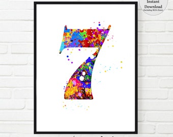 Number seven PRINT, Number 7art, number art, kid's room art, PRINTABLE Watercolor, colorful number, Jpeg, t-shirt transfer, child's room