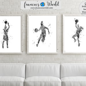 Arte di pallacanestro femminile, in bianco e nero, poster di pallacanestro femminile, set di 3 donne, giocatrici di pallacanestro, arte del dormitorio di pallacanestro femminile, STAMPABILE